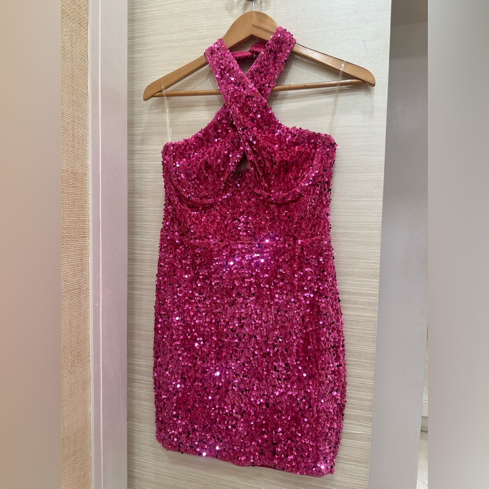 NWT - Fashion Nova Pink Sequin Halter Mini Dress